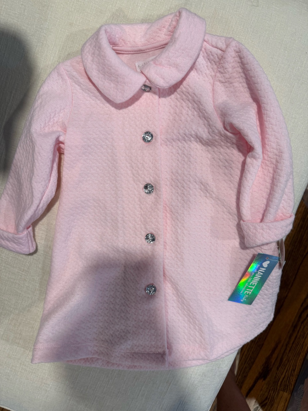 Nannette Light Pink Textured Button-Front Coat with Rhinestone Buttons